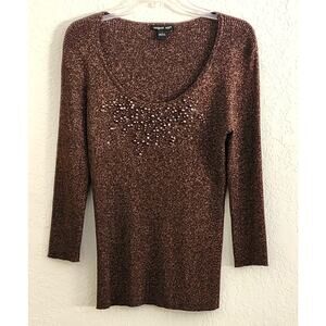 TOP/BLOUSE-AUGUST SILK-Brown-Gold Shimmer Thread-Low Cut-Beading-Silk Blend-M/L